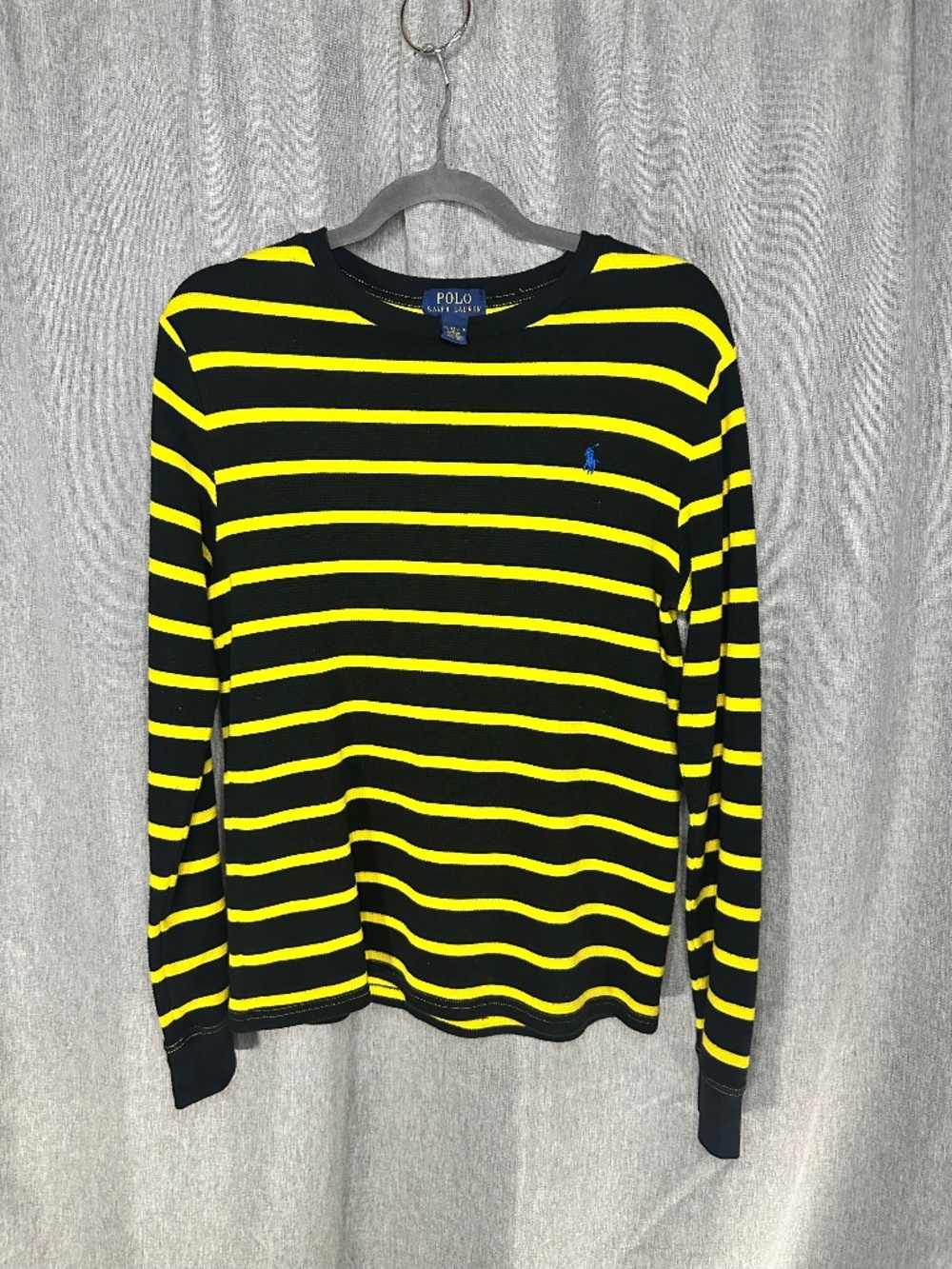 Polo Ralph Lauren Youth XL Black & Yellow Striped Waffle Knit Thermal Long Sleev